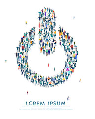 Start button, start up. Large group of business people, workers, family members and students organised into start button. Collection of icons made of little busy people.