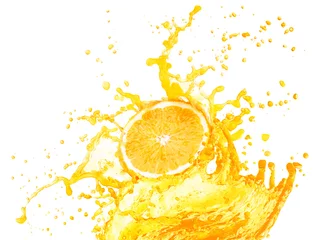 Schilderijen op glas Orange juice splashing with its fruits isolated on white background © lotus_studio
