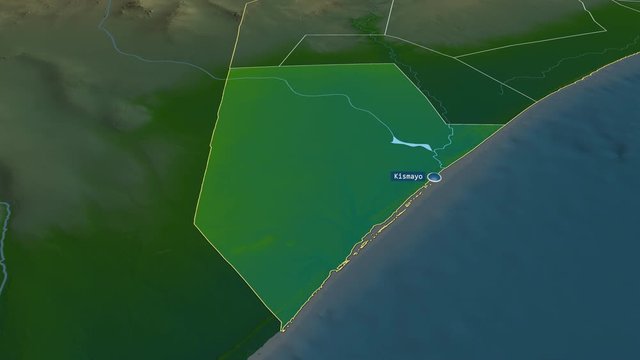 Jubbada Hoose - region of Somalia with its capital zoomed on the physical map of the globe. Animation 3D