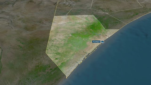 Jubbada Hoose - region of Somalia with its capital zoomed on the satellite map of the globe. Animation 3D