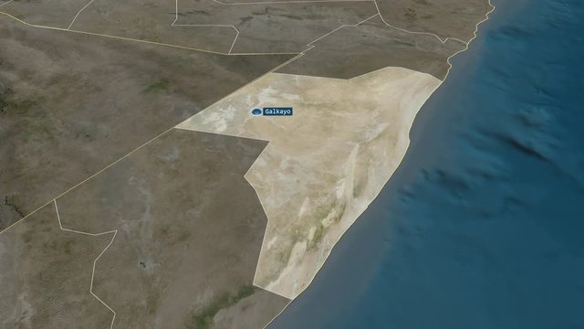 Mudug - region of Somalia with its capital zoomed on the satellite map of the globe. Animation 3D