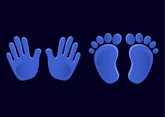 Baby footprints and handprints, icon. Abstract concept. Flat design. Vector on a black background.