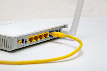 Wireless internet router on table. Network communication concept. 