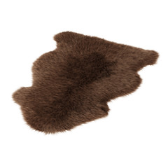 Brown skin of a sheepskin wool rug on a white background. 3D rendering