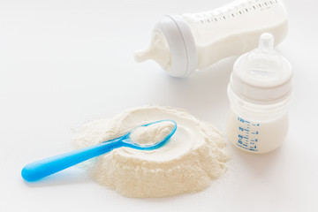 Baby food. Powder in spoon near baby bottle on white background copy space