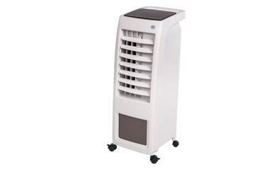 Air cleaner with wheels on white background. Device for cleaning the air in the room. Air conditioning on wheels. Destruction of dust in the house. Creating a favorable microclimate.