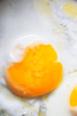 Roasted eggs on the black pan closeup