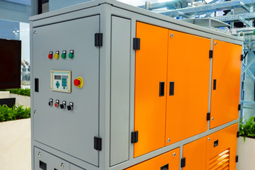 The equipment of the transformer substation. Switchboard. High voltage. Danger. Electrical...