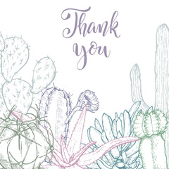 Floral background. Hand drawn vector botanical illustration. Template greeting card, wedding invitation banner with spring flowers. Sketch linear cactus ans succulents . Engraved style illustration.