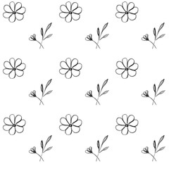 Seamless pattern of simple gray monochrome flowers and leaves. Botanical print. Decorative hand drawing background.