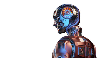 Very detailed futuristic robot man or red humanoid cyborg with metallic skull head. Side back view isolated on white background with free copy space for text. 3d render
