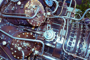 Fototapeta premium Gas industry. Turbine for pumping gas. Extraction and processing of fuel resources. Gas distribution equipment. Chemical industry. Installation for pumping fuel. Gasification of enterprises.