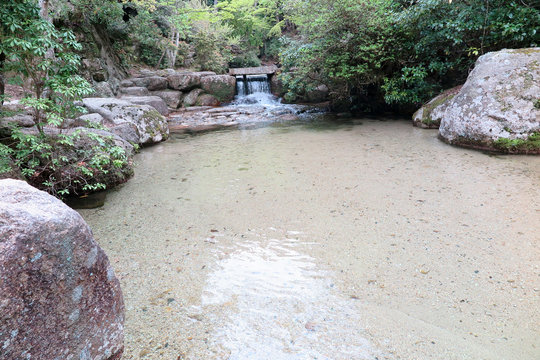 Small waterfall with clear water in forest,water still can see fiah in pond.