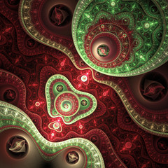 Dark red and green fractal clockwork, digital artwork for creative graphic design