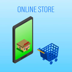 Vector illustration. Mobile phone with shopping basket with bags and boxes. Banking credit card. Concept for online shopping. Isometric