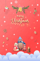 Merry Christmas and happy new year. cute animal character it's wearing Hat scarf and winter glove to celebrate, landscape gold background, snow, card, and happiness. Vector Illustration