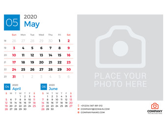 Calendar for May 2020. Vector design print template with place for photo. Week starts on Sunday. 3 months on page