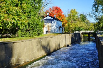 View of locks on the Delaware and Raritan (D&R) canal in Kingston, New Jersey, in the fall