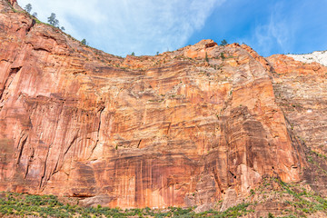 View of orange Zion National Park cliff wall desert landscape during summer day with tall high rock formations