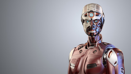 Detailed futuristic robot man or red humanoid cyborg with white head showing some internal parts of his metallic skull. Upper body isolated on color background with free copy space for text. 3d render