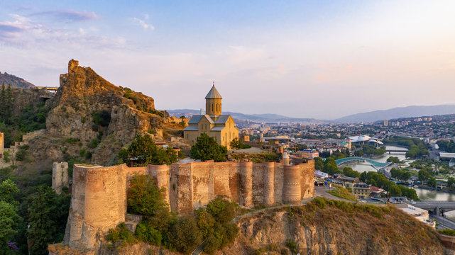 Beautiful aerial and panoramic view of Tbilisi at sunset, Georgia, Europe