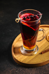 mulled wine, fragrant drink and festive mood atmosphere - concept New Year, Christmas. food background. copy space