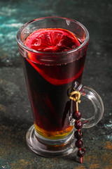 mulled wine, fragrant drink and festive mood atmosphere - concept New Year, Christmas. food background. copy space