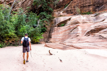 Zion National Park in Utah on Gifford Canyon trail sand and red rock formations with man hiker walking with backpack in summer