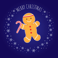 Vector colorful illustration of a gingerbread man holding striped red and white candy cane. Round frame made of snowflakes. Greeting text “Merry Christmas”. Deep blue background. Square format.