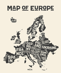 Fototapeta na wymiar Europe, map. Poster map of the Europe with country names