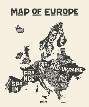 Europe, map. Poster map of the Europe with country names