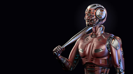 Obraz premium Detailed futuristic robot man or red humanoid cyborg holding a metallic baseball bat. Upper body isolated on black background with free copy space on the left. 3d render