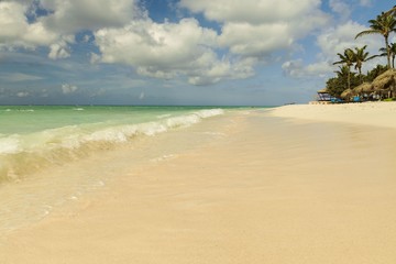 Fototapeta na wymiar Amazing beauty white sand beach of Aruba Island. Turquoise sea water and blue sky. Beautiful background