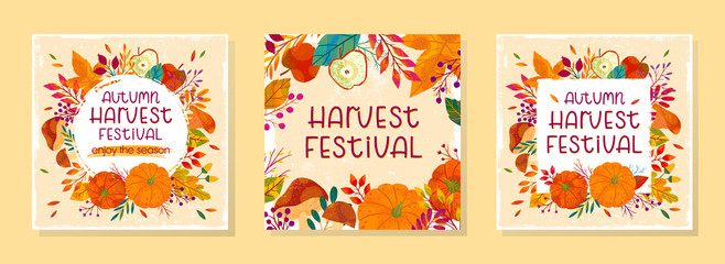 Bundle of seasonal vector autumn illustrations for harvest festival with pumpkins,mushrooms,apples,plants,leaves,berries and floral elements.Agricultural fair.Trendy fall designs.