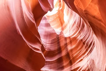 Poster Looking up low angle at Antelope slot canyon with wave shape abstract formations of red orange rock layers sandstone in Page, Arizona © Kristina Blokhin