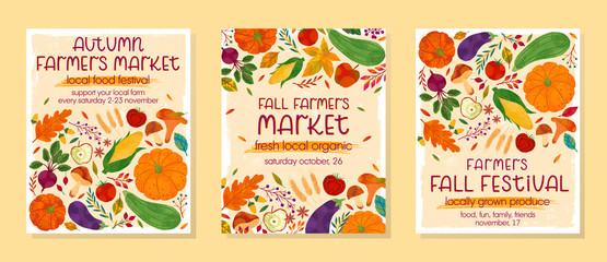 Bundle of autumn farmers market banners with pumpkins,mushrooms,eggplant,apple,zucchini,tomatoes,corn,beet,berries and floral elements.Local food fest design.Agricultural fair.Harvest season.