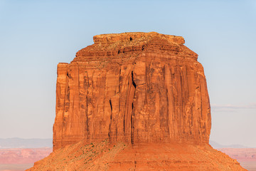 View of famous Merrick butte mesa formations closeup with red orange rock color on horizon in...
