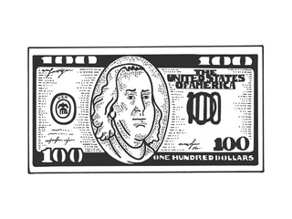Obraz premium One hundred USA dollars cash walks on its feet sketch engraving vector illustration. T-shirt apparel print design. Scratch board style imitation. Black and white hand drawn image.