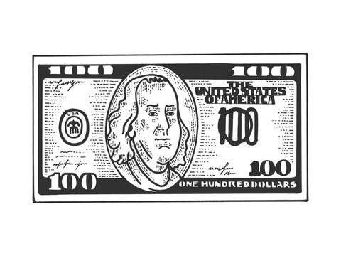 One hundred USA dollars cash walks on its feet sketch engraving vector illustration. T-shirt apparel print design. Scratch board style imitation. Black and white hand drawn image.