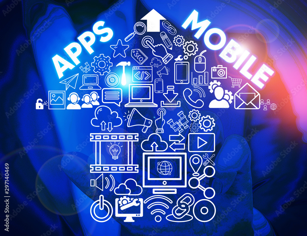Poster writing note showing apps mobile. business concept for computer program designed to run on phone han