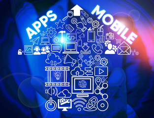 Fototapeta premium Writing note showing Apps Mobile. Business concept for computer program designed to run on phone hand held device Male wear formal work suit presenting presentation smart device