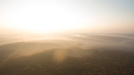 Autumn forest aerial view at sunset.