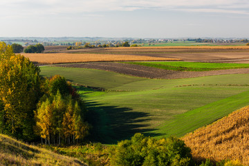 Rolling Hills in Polish Coutryside with Farm Fields at Fall Season