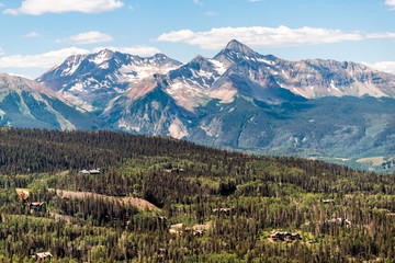 Aerial high angle view of San Juan mountains from Telluride, Colorado with beautiful valley and Mountain Village houses on summer day