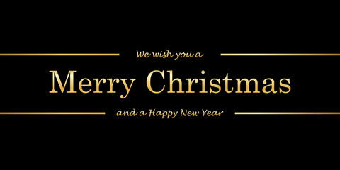 Christmas tree card, wishes text, black background. Gold Merry Christmas, symbol Happy New Year holiday celebration. Golden light decoration. Bright shiny design. Vector illustration