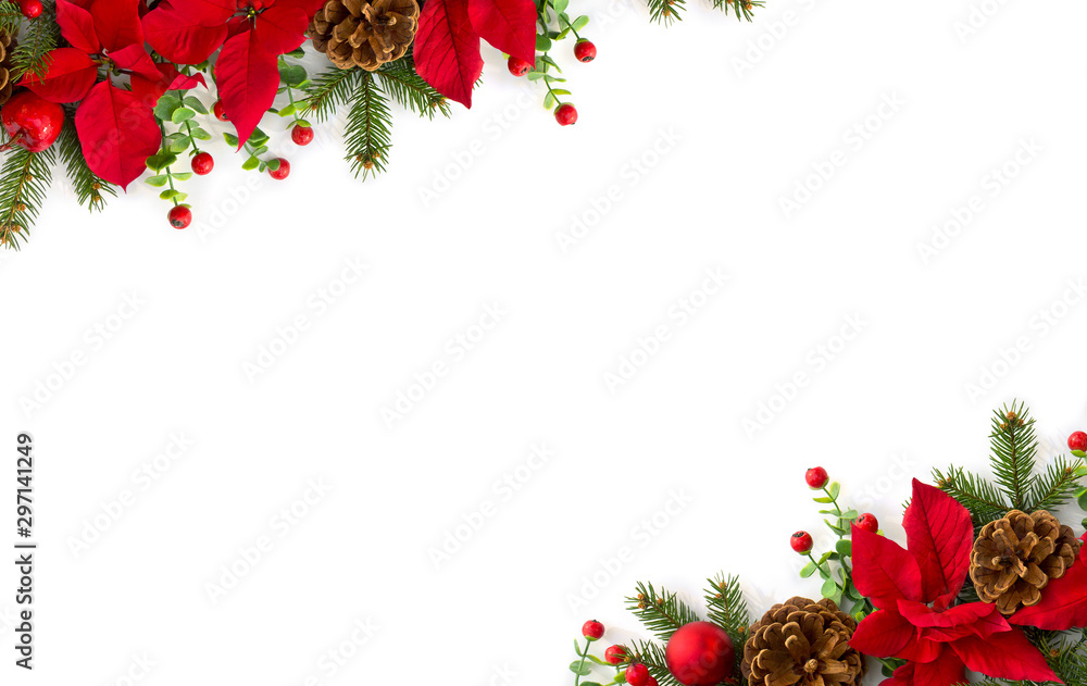 Wall mural christmas decoration. frame of flowers of red poinsettia, branch christmas tree, ball, red berry on 