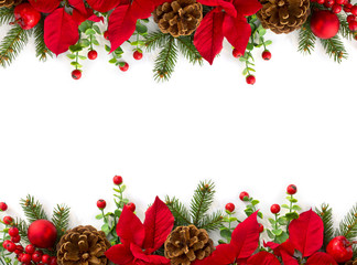 Christmas decoration. Frame of flowers of red poinsettia, branch christmas tree, ball, red berry on a white background with space for text. Top view, flat lay