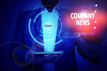 Conceptual hand writing showing Company News. Concept meaning Latest Information and happening on a business Corporate Report Male wear formal suit presenting presentation smart device
