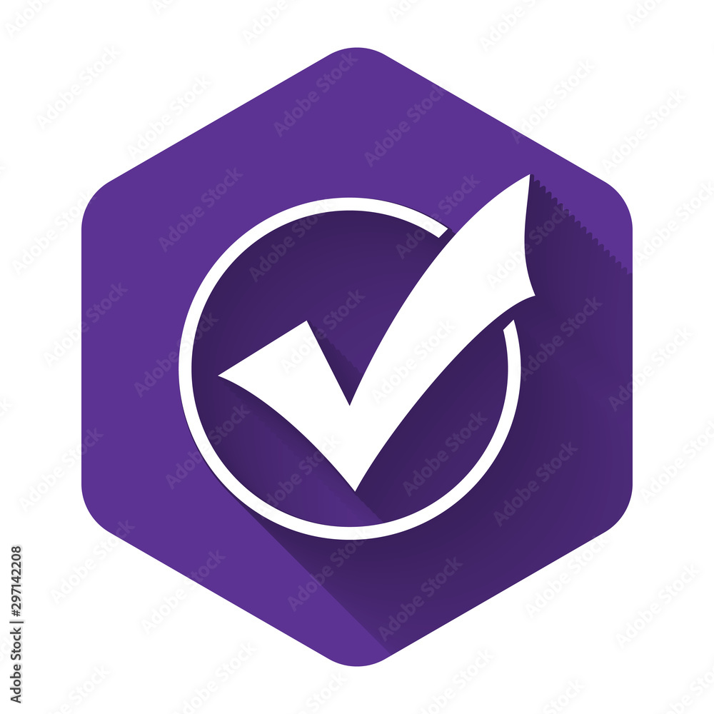 Poster white check mark in round icon isolated with long shadow. check list button sign. purple hexagon but