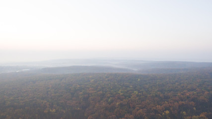 Autumn forest aerial view at sunset.